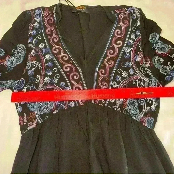 Embroidered ReneeC Black Multicolor Print Boho Maxi Dress Bohemian Peasant Lined - Picture 7 of 9
